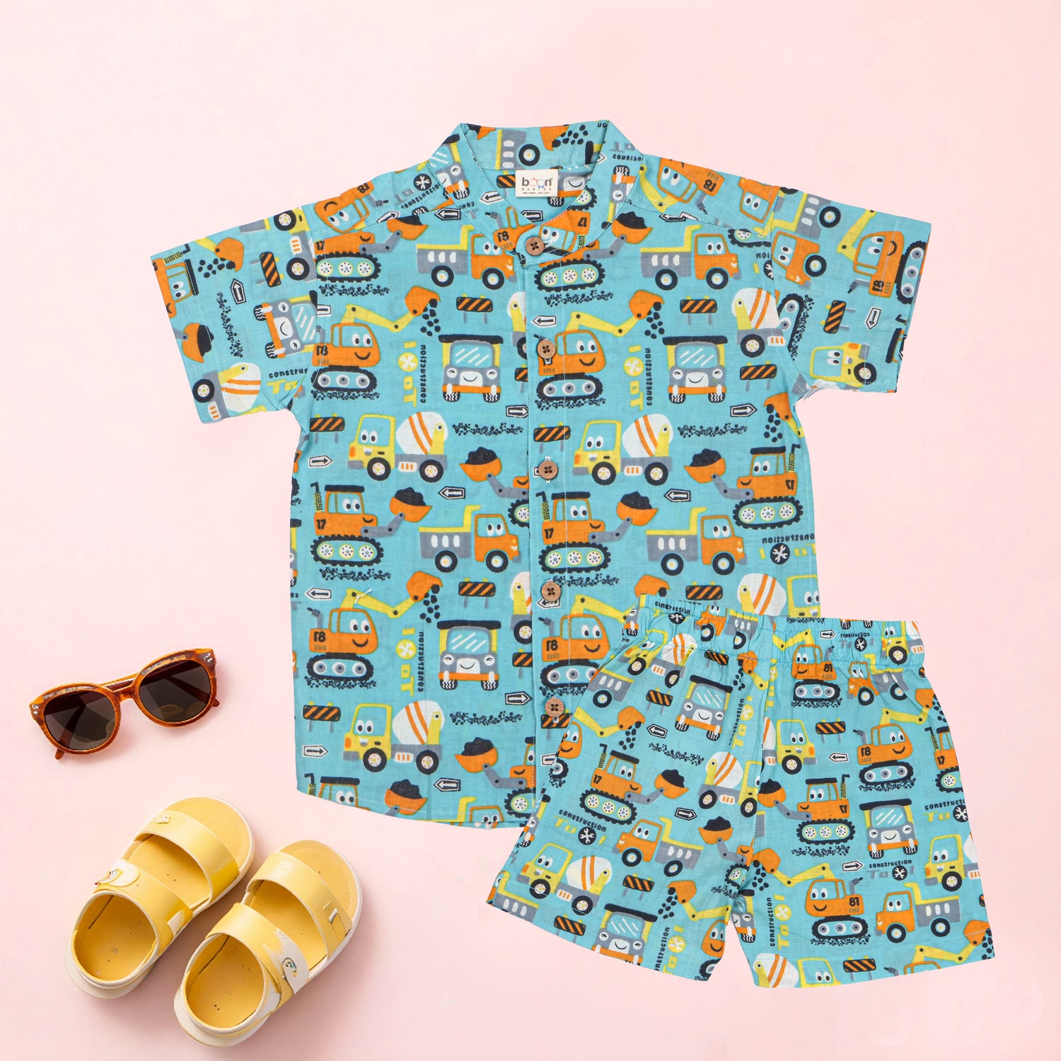 Boon Babies Aqua Truck print boys co-ord set with Chinese collar shirt and matching shorts, suitable for casual wear.