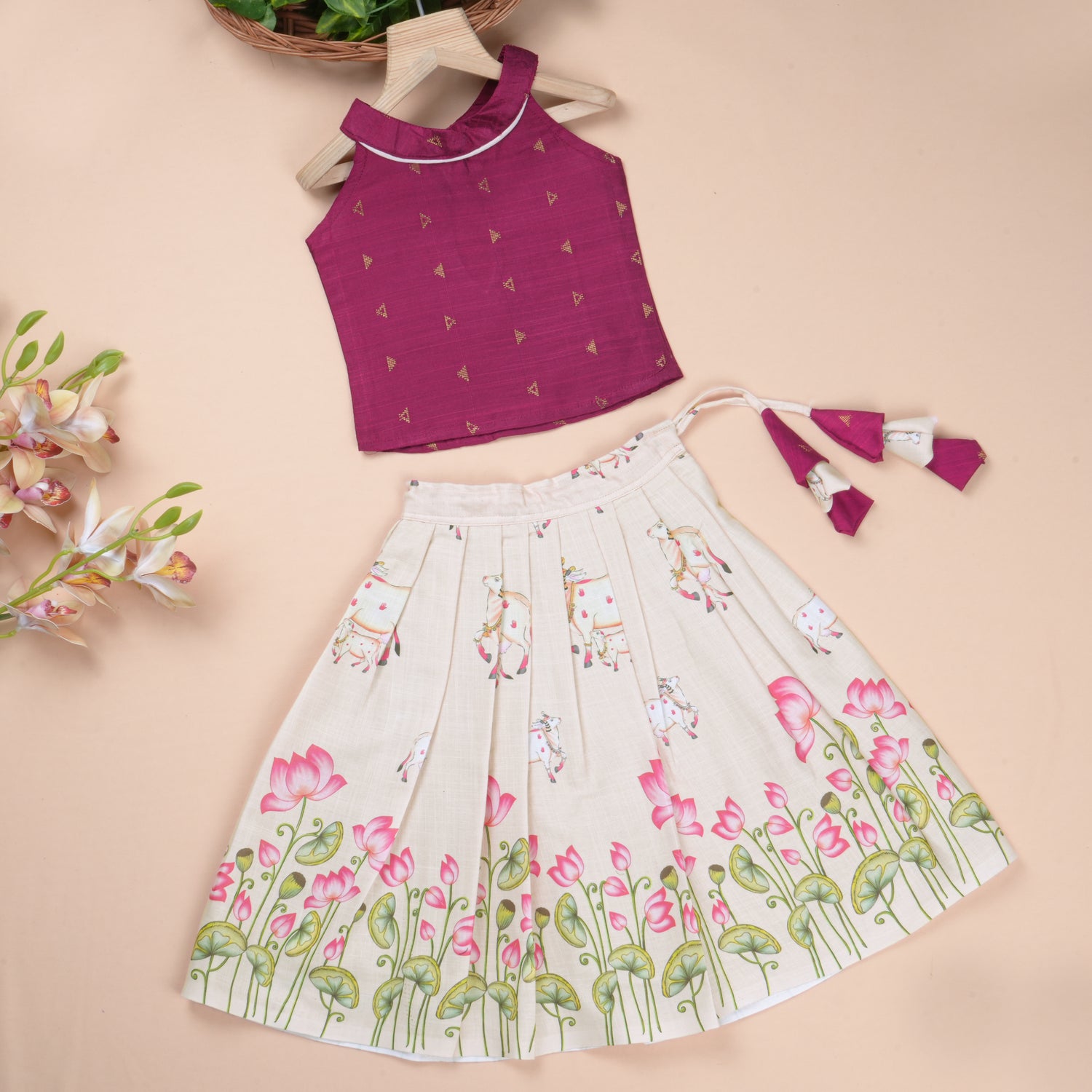 Girls Raw Silk Lotus Skirt Set