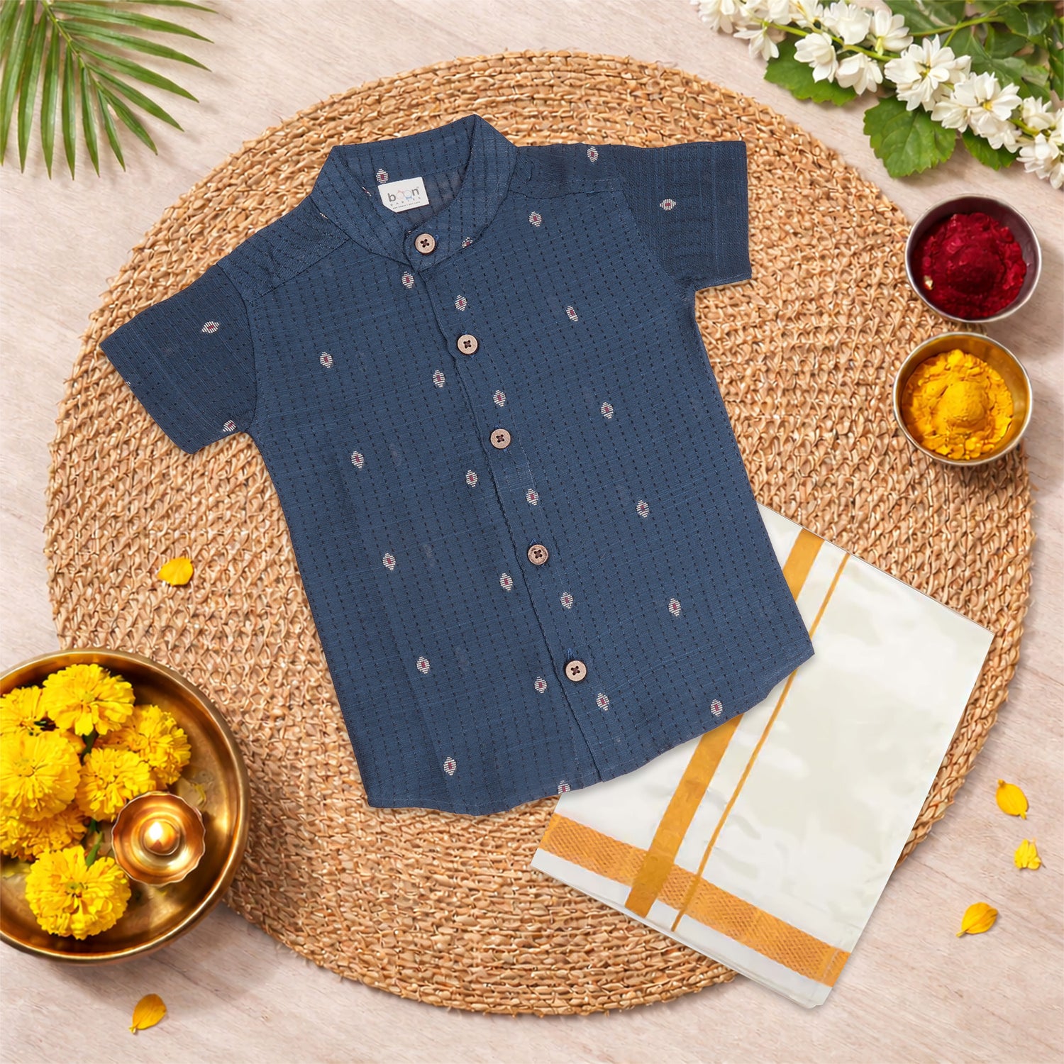 Elegant blue silk cotton shirt with classic dhoti—ideal for festive and traditional occasions.