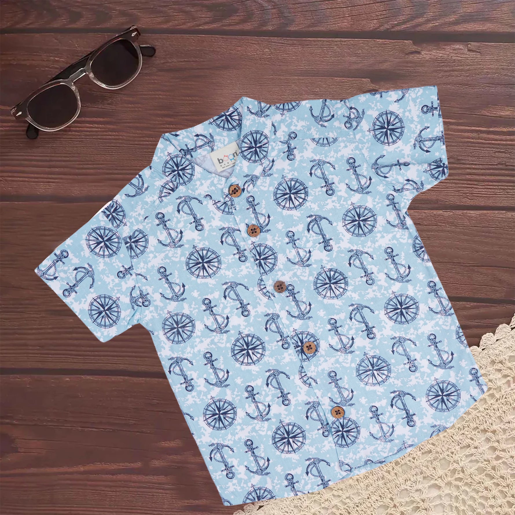Soft cotton boys mandarin collar shirt with nautical print—breathable, stylish, and perfect for casual outdoor wear.