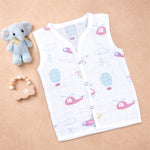 Soft, breathable printed sleeveless muslin jabla for babies 0-12 months by Boon Babies, featuring colorful baby-friendly prints.