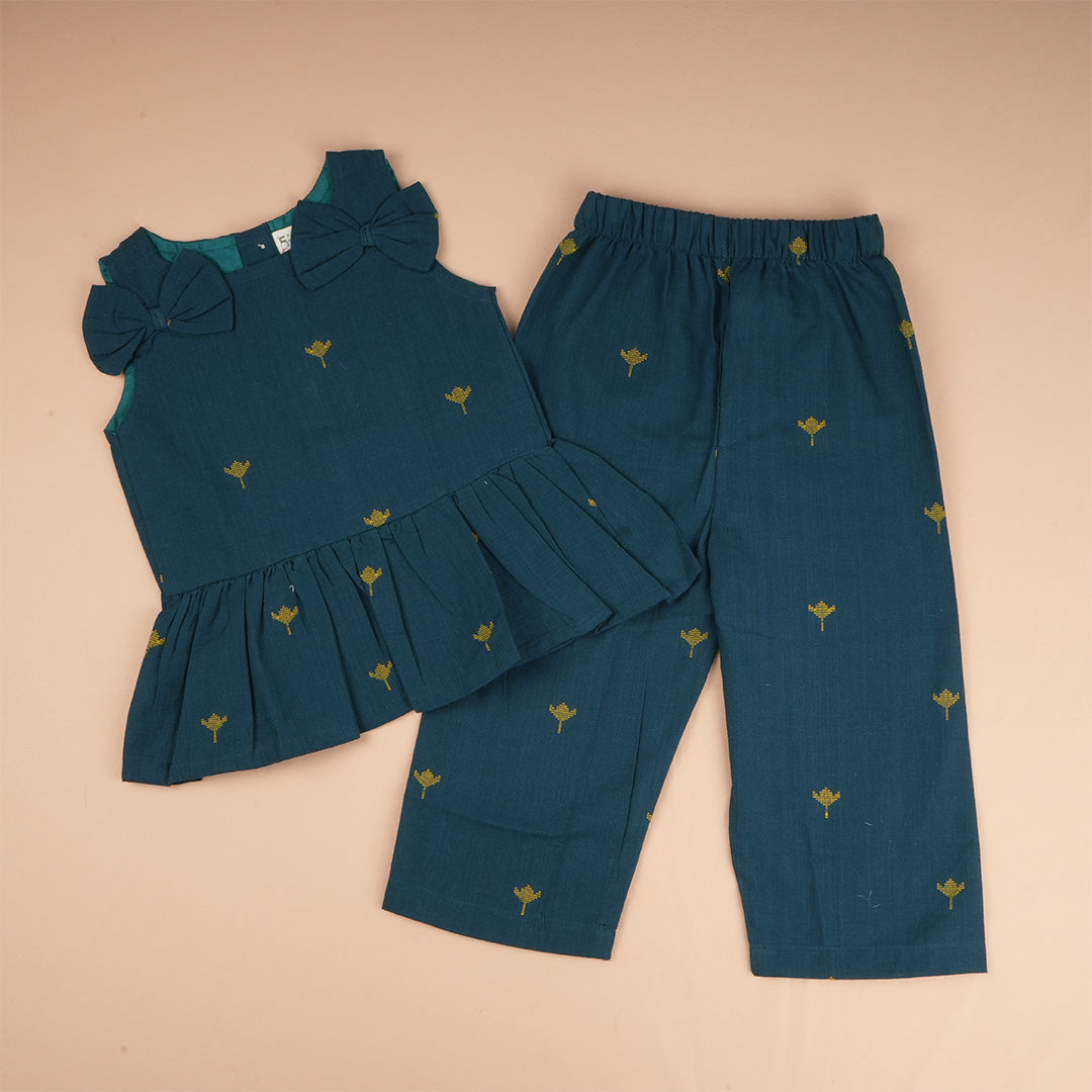 Girls teal green sleeveless top and pant set by Boon Babies, featuring a coordinated comfortable and stylish design.