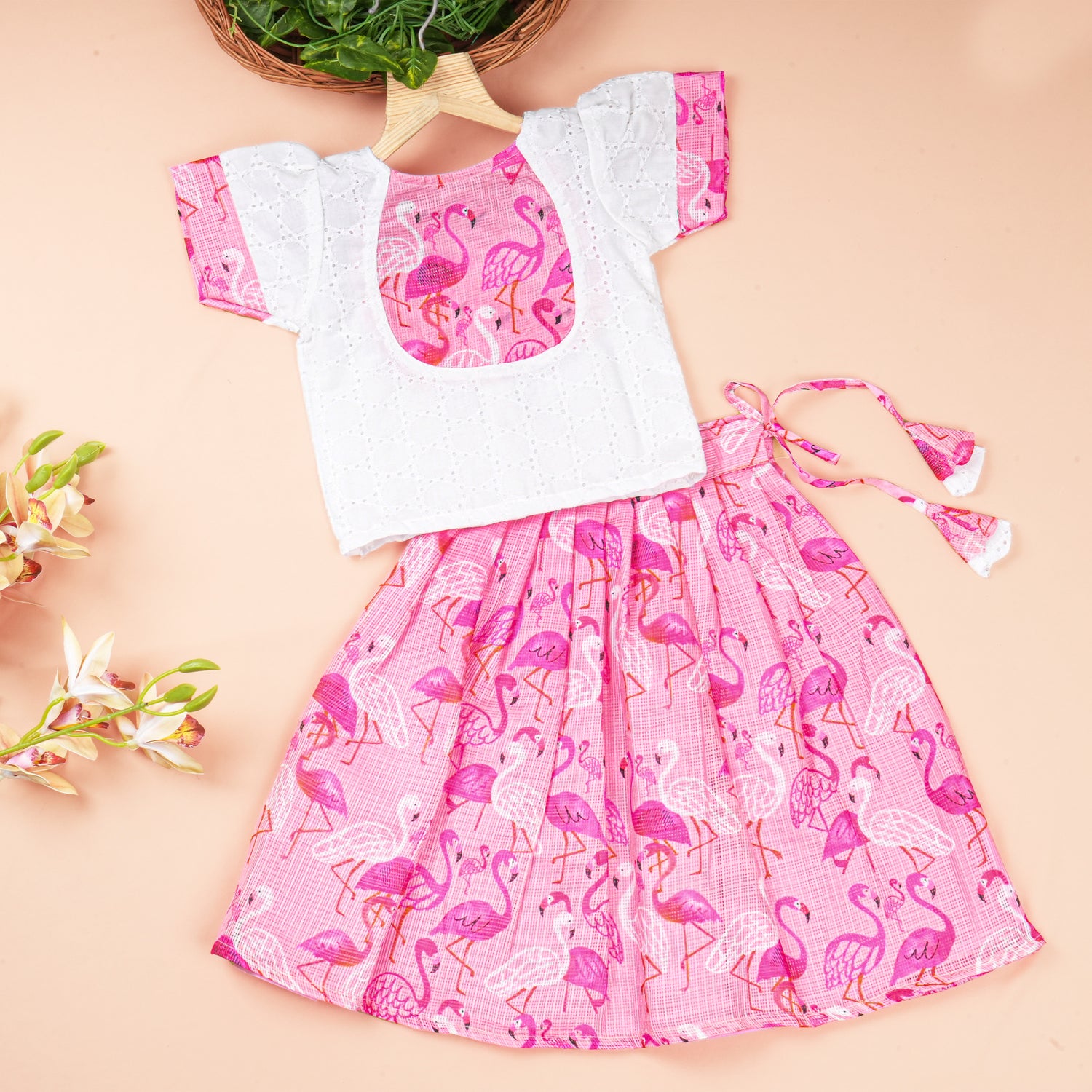 Pink Flamingo Girls Ethnic Skirt Set – Hakoba Top with Cotton Skirt