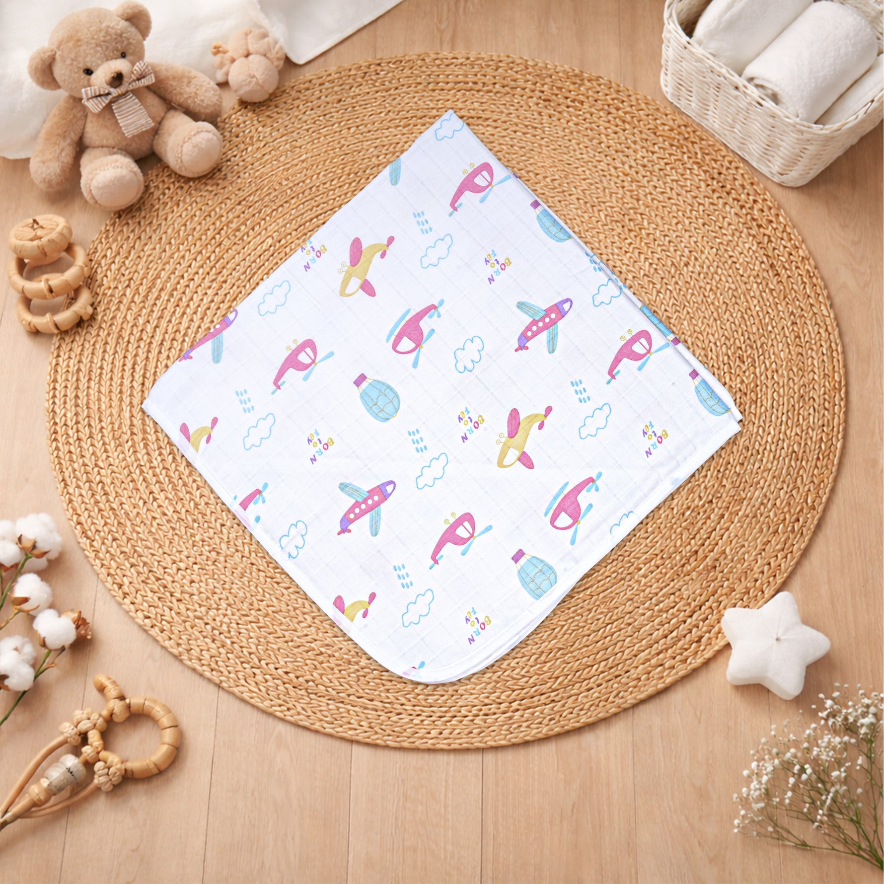 Boonbabies soft printed 2-layer muslin hooded baby towel with hood, measuring 70x70 cm, perfect for newborns.