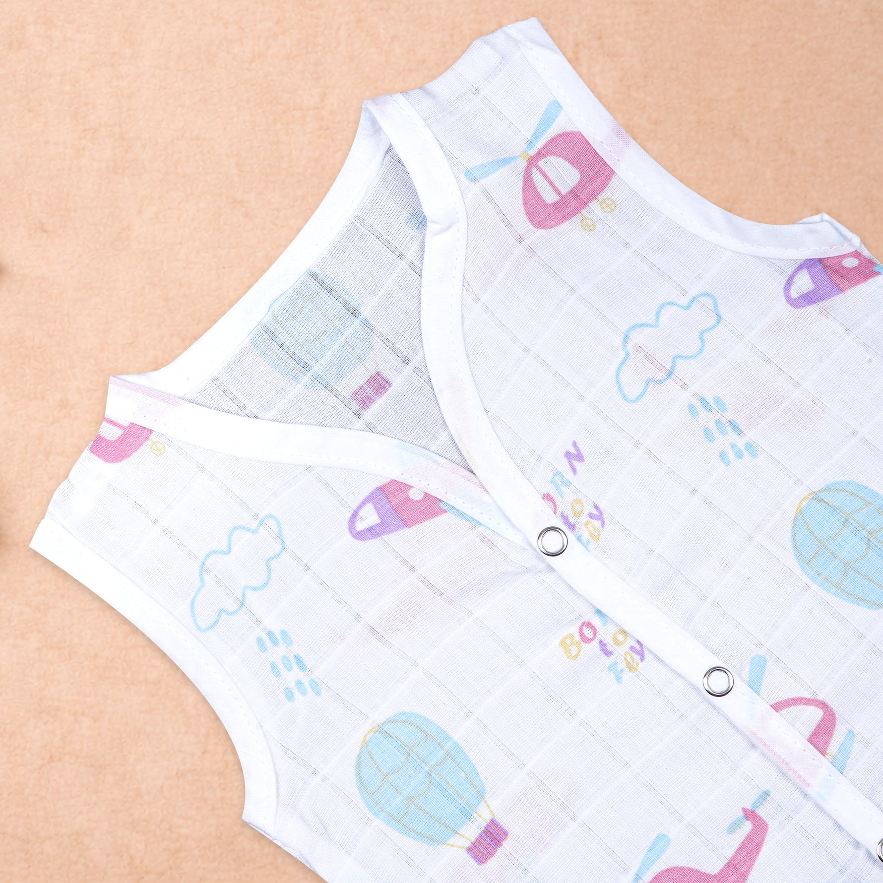 Soft printed sleeveless muslin jabla for babies from Boon Babies, suitable for newborns 0-12 months with breathable fabric.