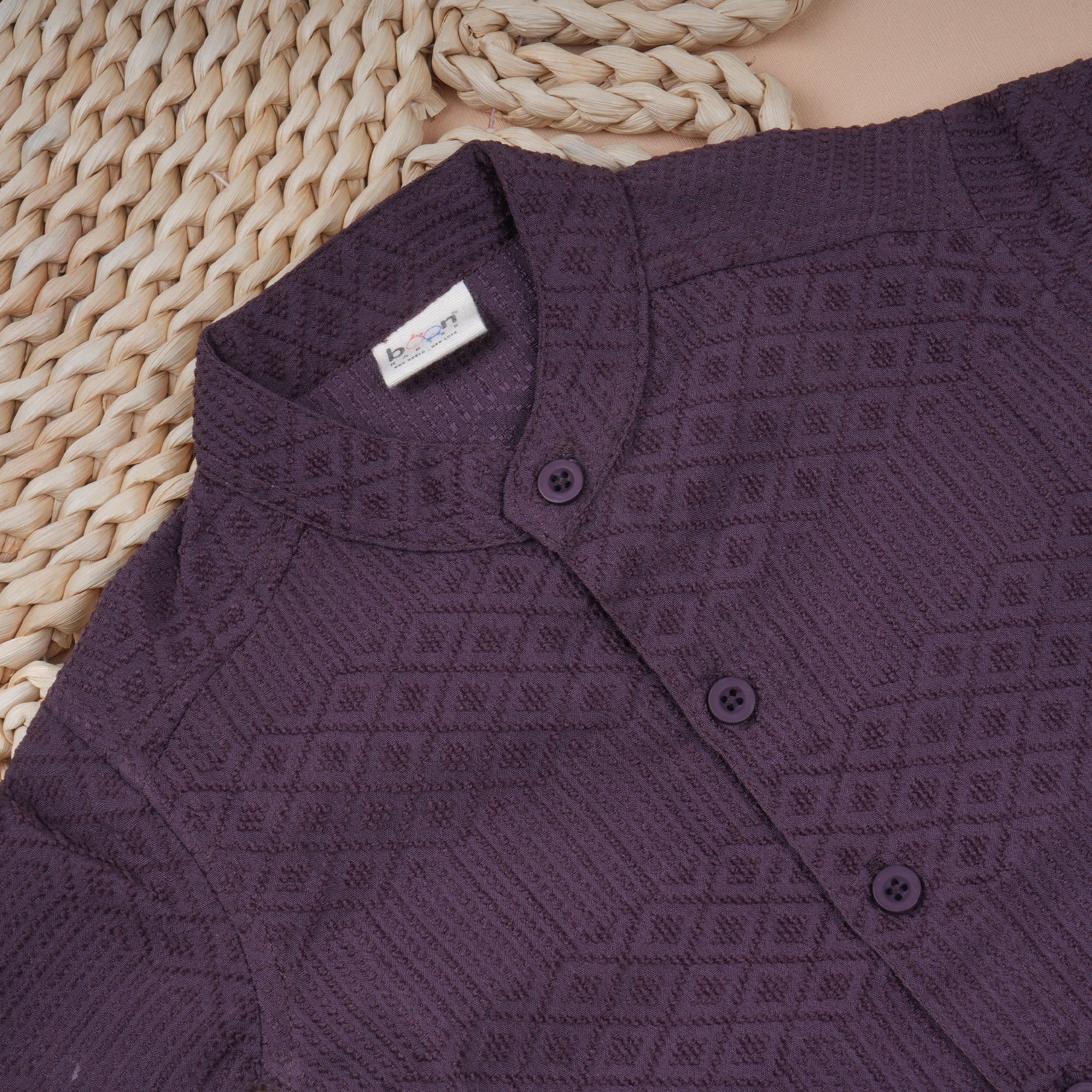 Lightweight solid popcorn shirt for boys by Boon Babies, casual polycotton design for kids aged 6 months to 5 years.