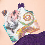 Girls abstract printed ethnic top and purple pleated skirt set by Boon Babies, featuring colorful patterns and comfortable fabric.