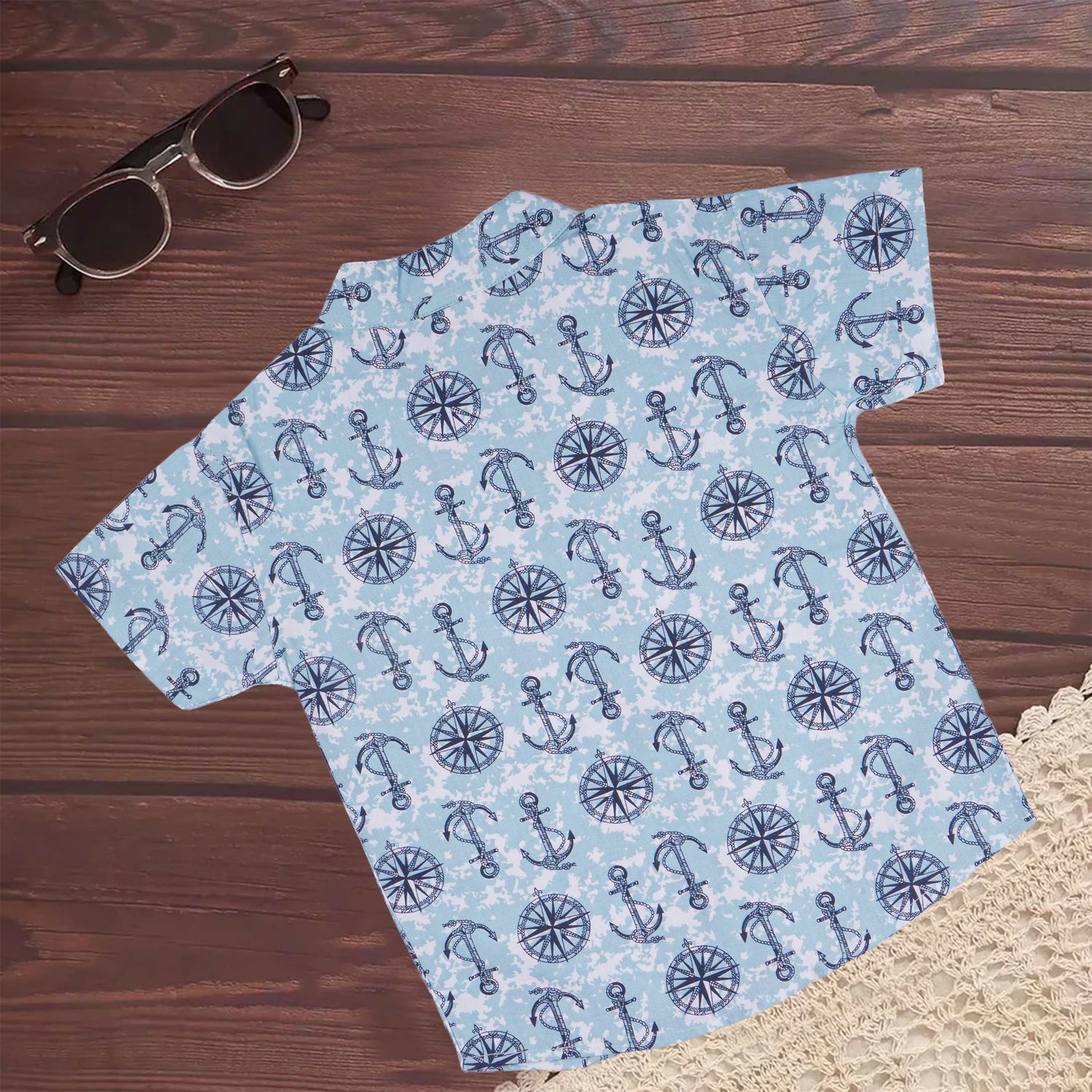 Soft cotton boys mandarin collar shirt with nautical print—breathable, stylish, and perfect for casual outdoor wear.