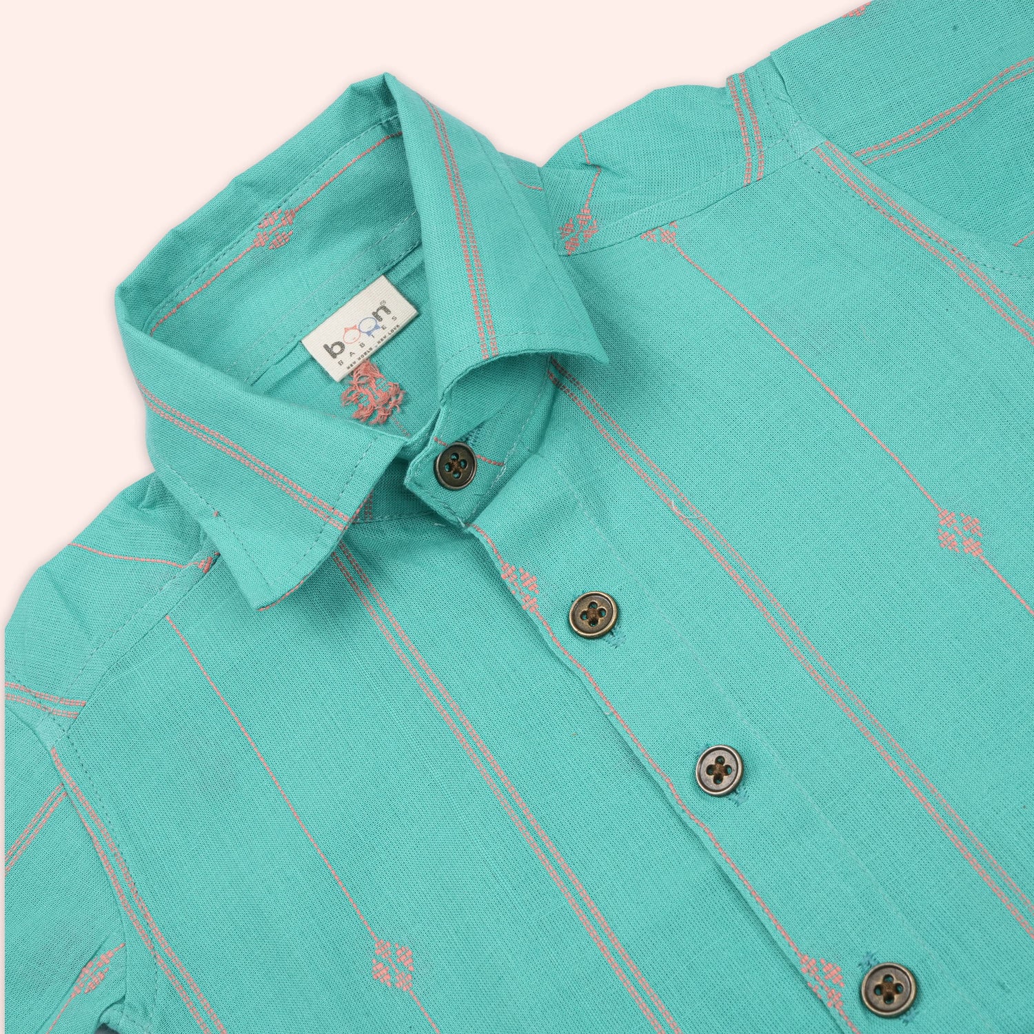 Boys teal and coral handloom cotton printed shirt and matching shorts set with straight collar, by Boon Babies.