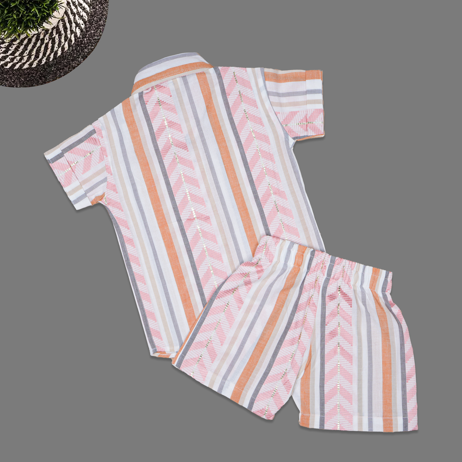 Soft cotton shirt and shorts co-ord set for boys with a straight collar and breathable comfort—perfect for summer casual and outdoor wear.