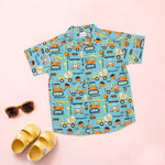 Boon Babies boys co-ord set with aqua truck print, includes a printed Chinese collar shirt and matching shorts.