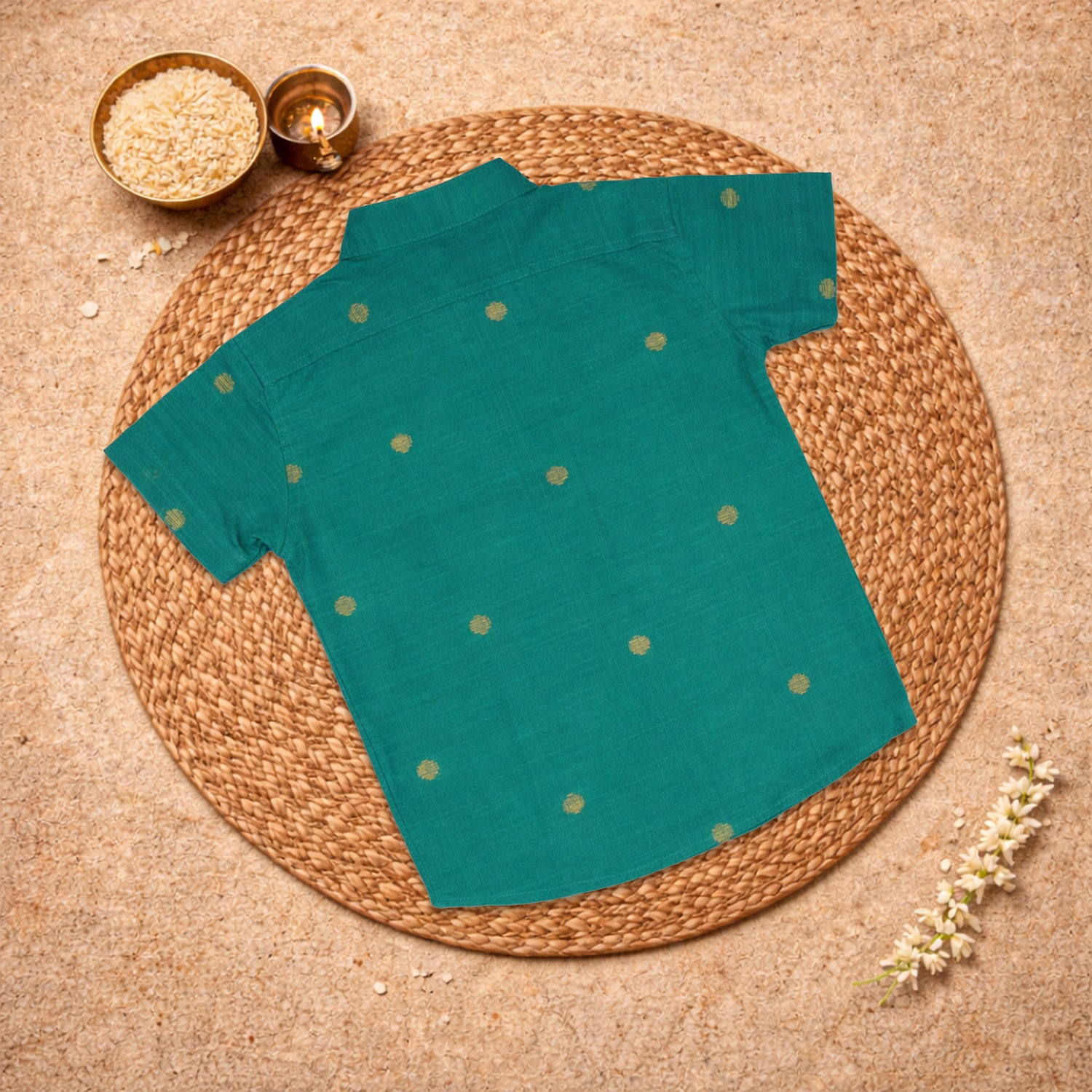 Boys bottle green silk butta shirt and dhoti set, traditional ethnic wear for boys, by Booon Babies.
