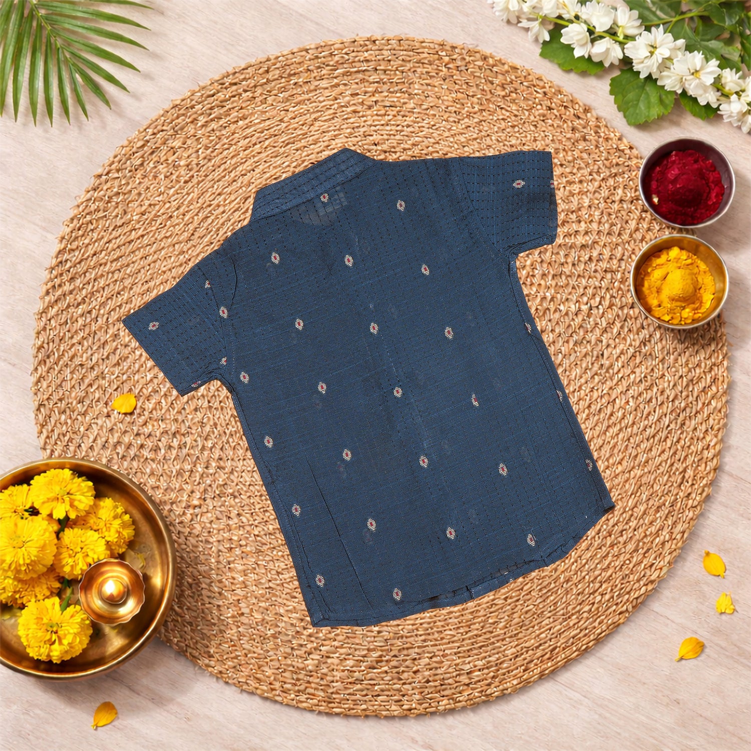 Elegant blue silk cotton shirt with classic dhoti—ideal for festive and traditional occasions.