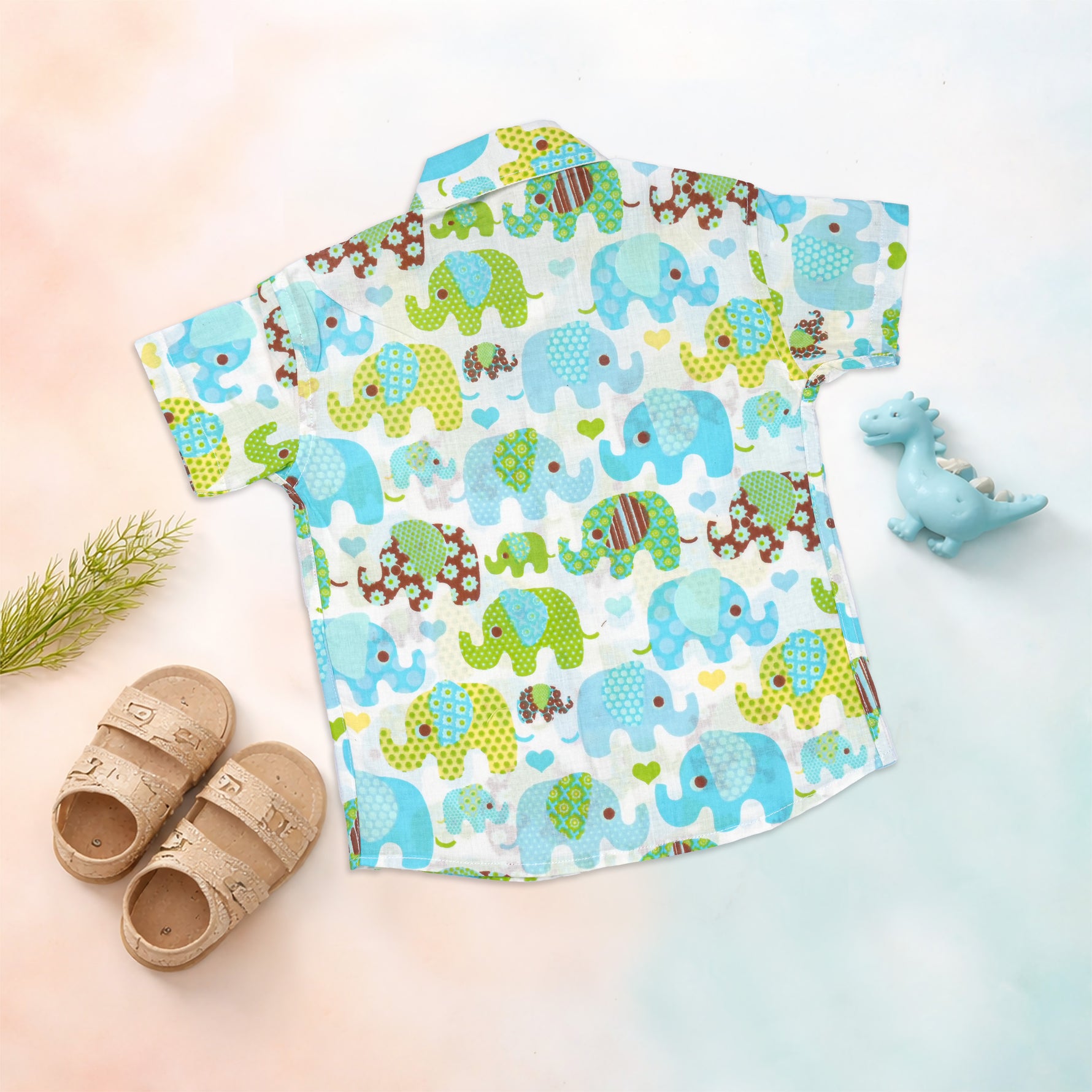 Jaipur cotton elephant print shirt and matching shorts for children, featuring a straight collar, ideal for summer wear.