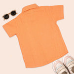 Boys straight collar cotton printed orange shirt by Boon Babies, featuring a colorful pattern and casual style.