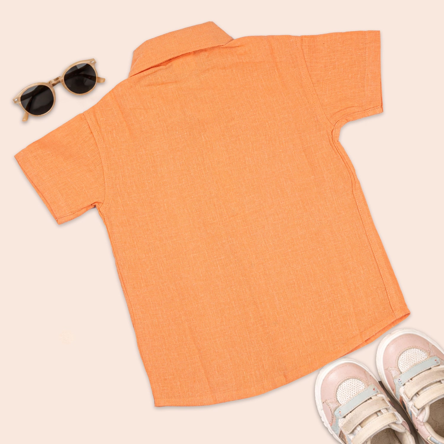 Boys straight collar cotton printed orange shirt by Boon Babies, featuring a colorful pattern and casual style.
