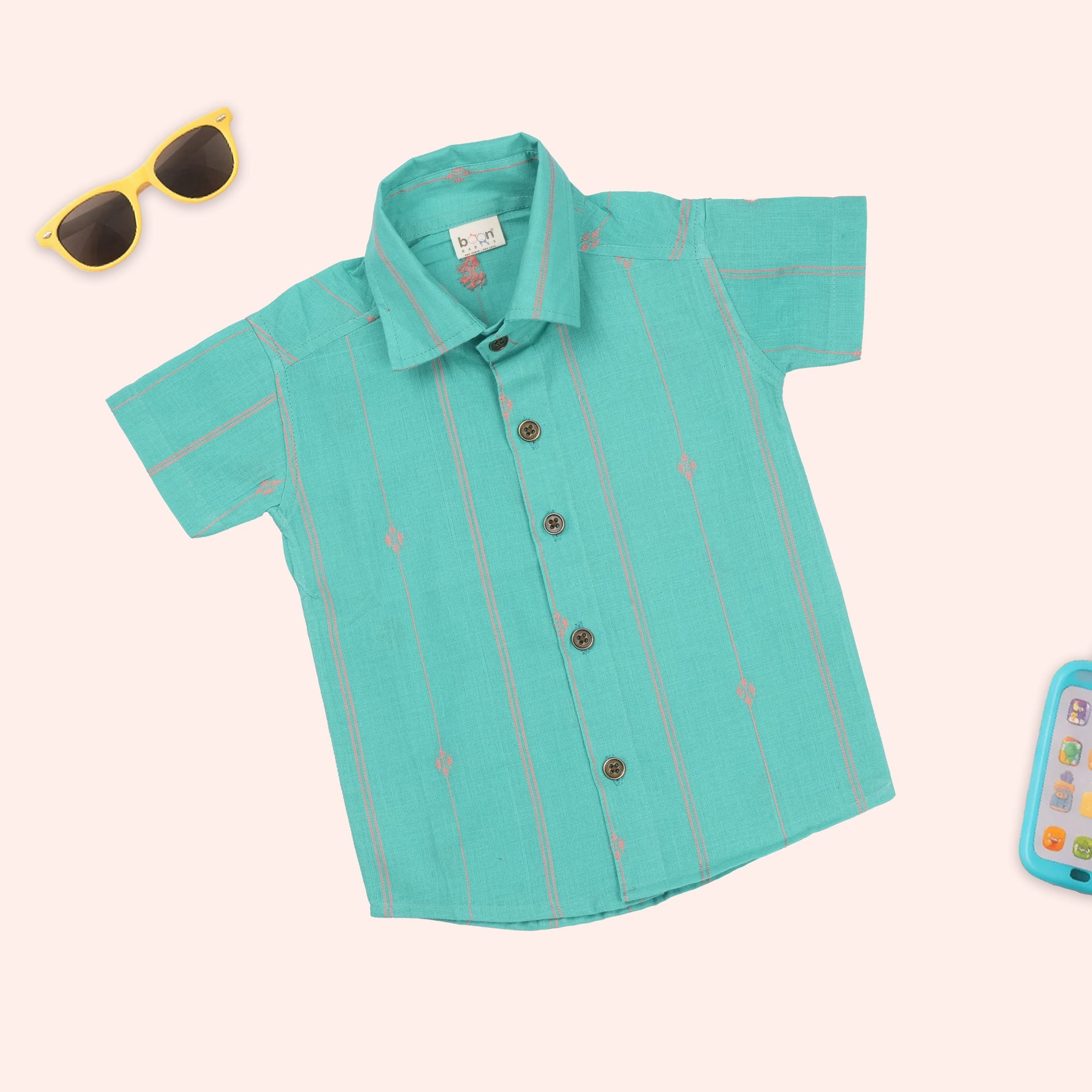 Boys teal and coral handloom cotton shirt and shorts set with straight collar, printed design, by Boon Babies.