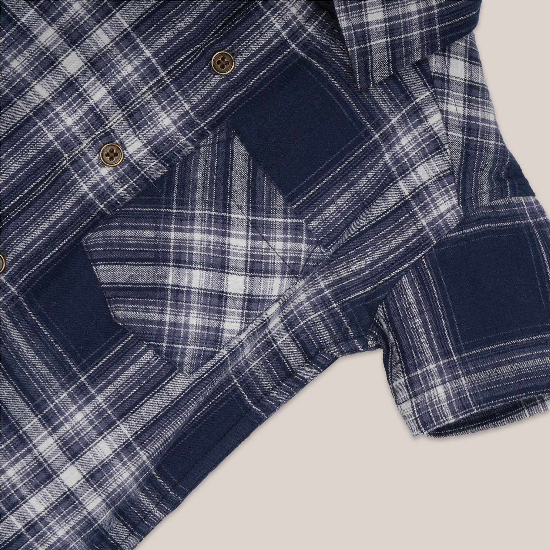 Boys navy check cotton shirt with straight collar, casual printed shirt by Boon Babies, suitable for everyday wear.