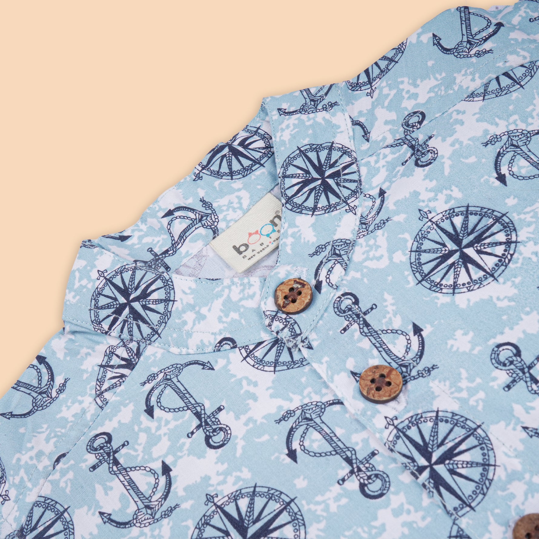 Soft cotton boys mandarin collar shirt with nautical print—breathable, stylish, and perfect for casual outdoor wear.