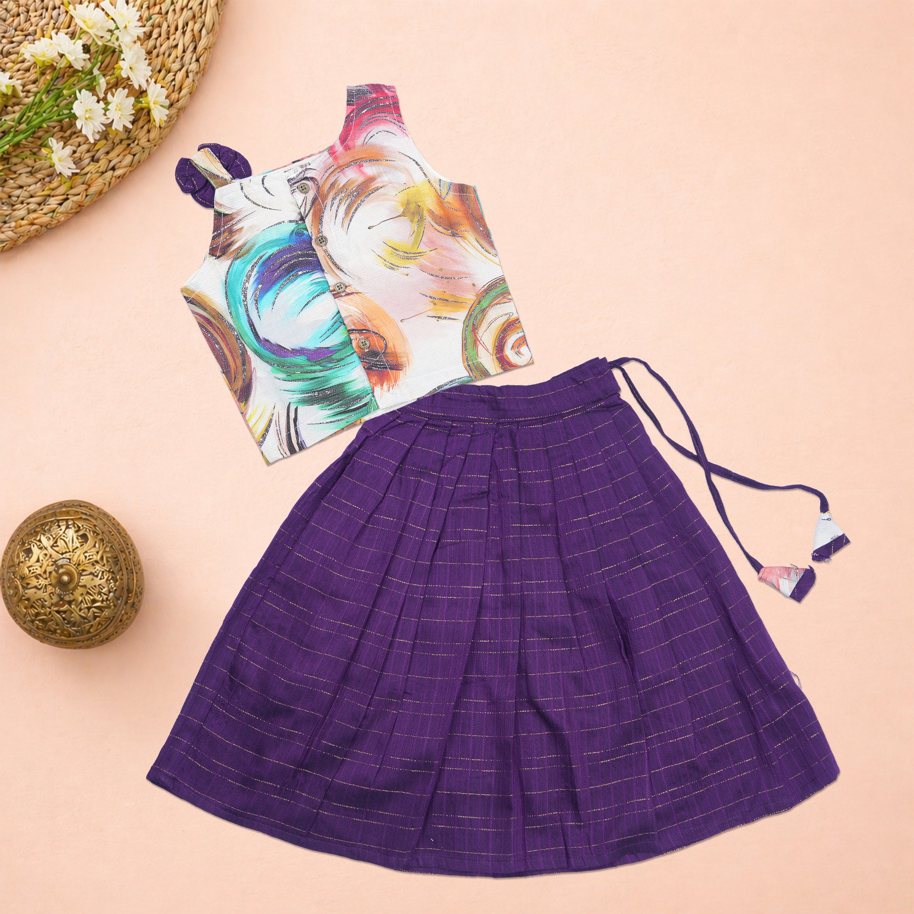 Girls abstract printed ethnic top and purple pleated skirt set by Boon Babies, featuring vibrant patterns and comfortable fabric.