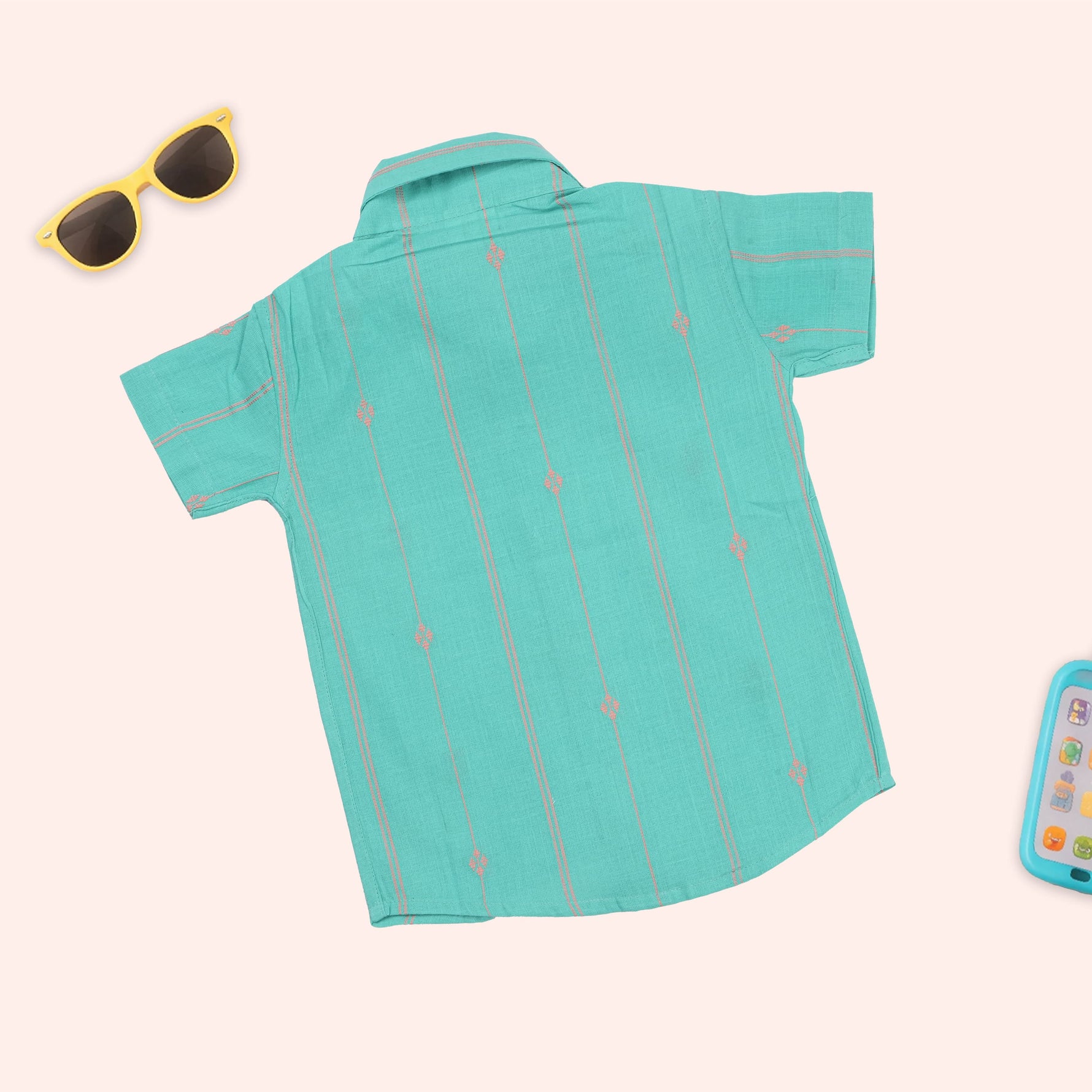 Boys teal and coral handloom cotton printed shirt with straight collar and matching shorts set by Boon Babies.