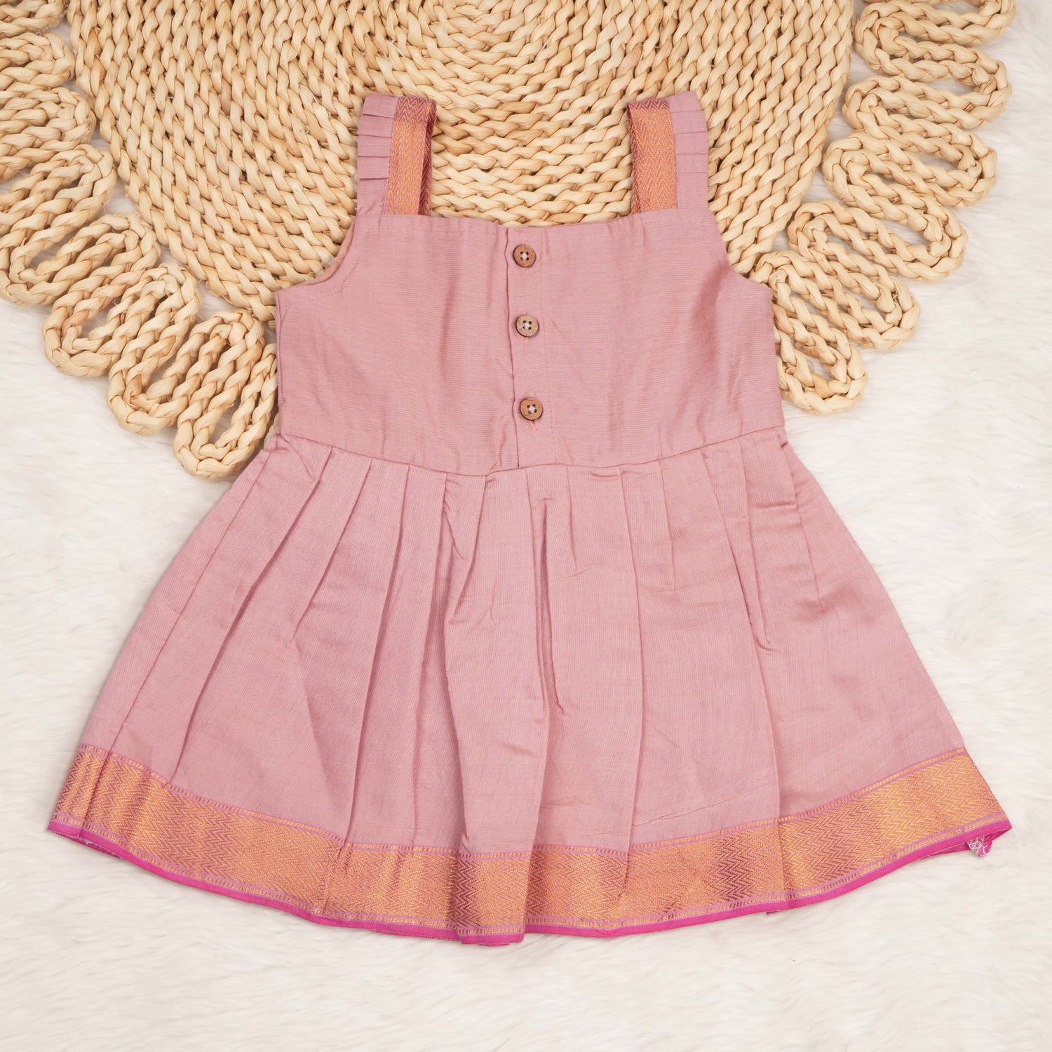 Baby Girl Dusty Pink Tissue Silk Mangalagiri Border Frock