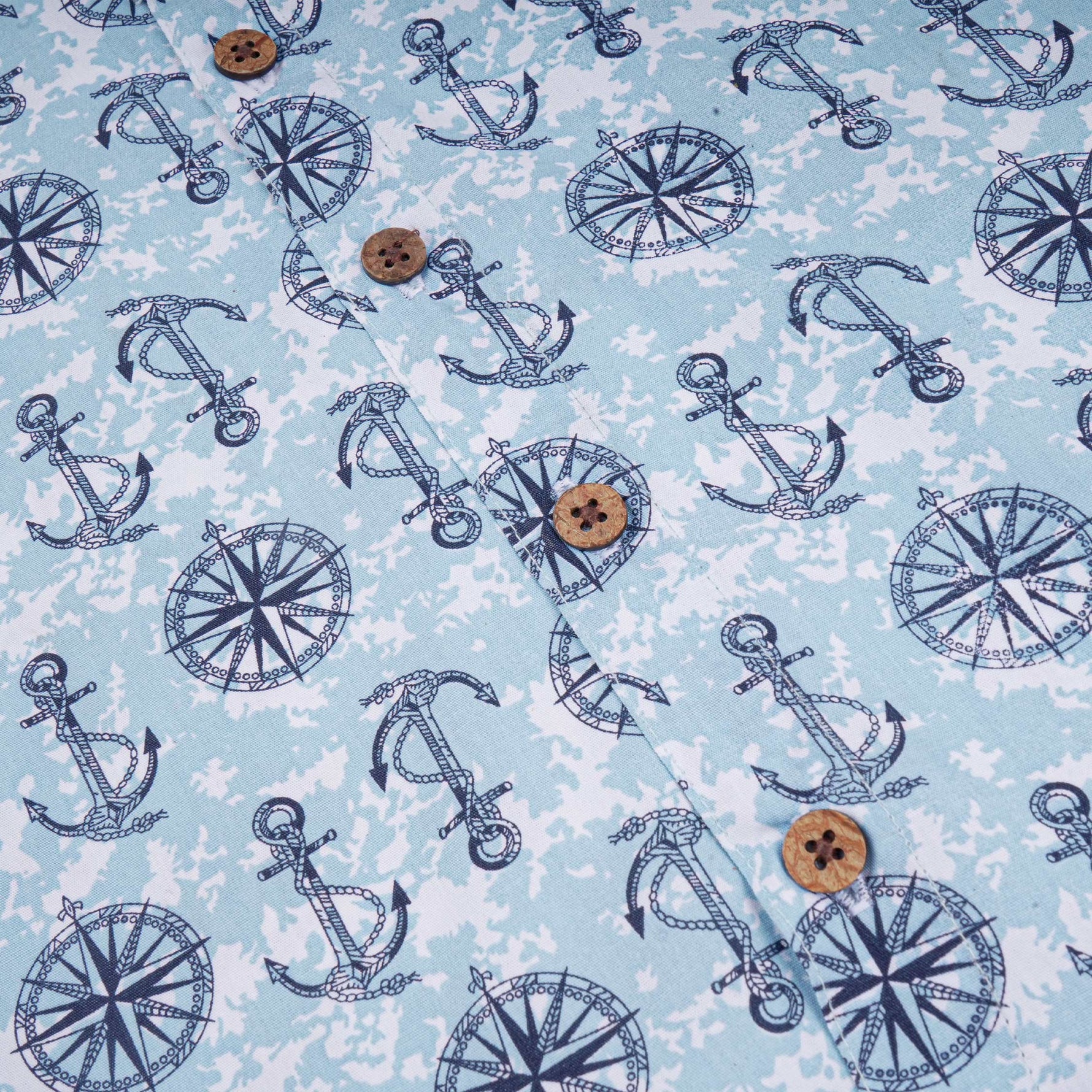 Soft cotton boys mandarin collar shirt with nautical print—breathable, stylish, and perfect for casual outdoor wear.