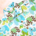 Jaipur cotton elephant print shirt and shorts set for summer, featuring a straight collar and vibrant elephant design by Boon Babies.