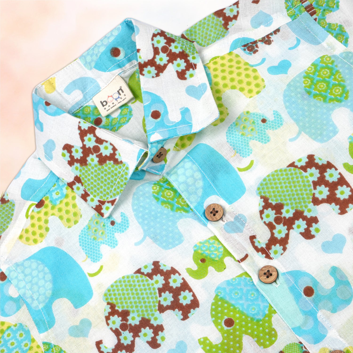 Jaipur cotton elephant print shirt and shorts set for summer, featuring a straight collar and vibrant elephant design by Boon Babies.