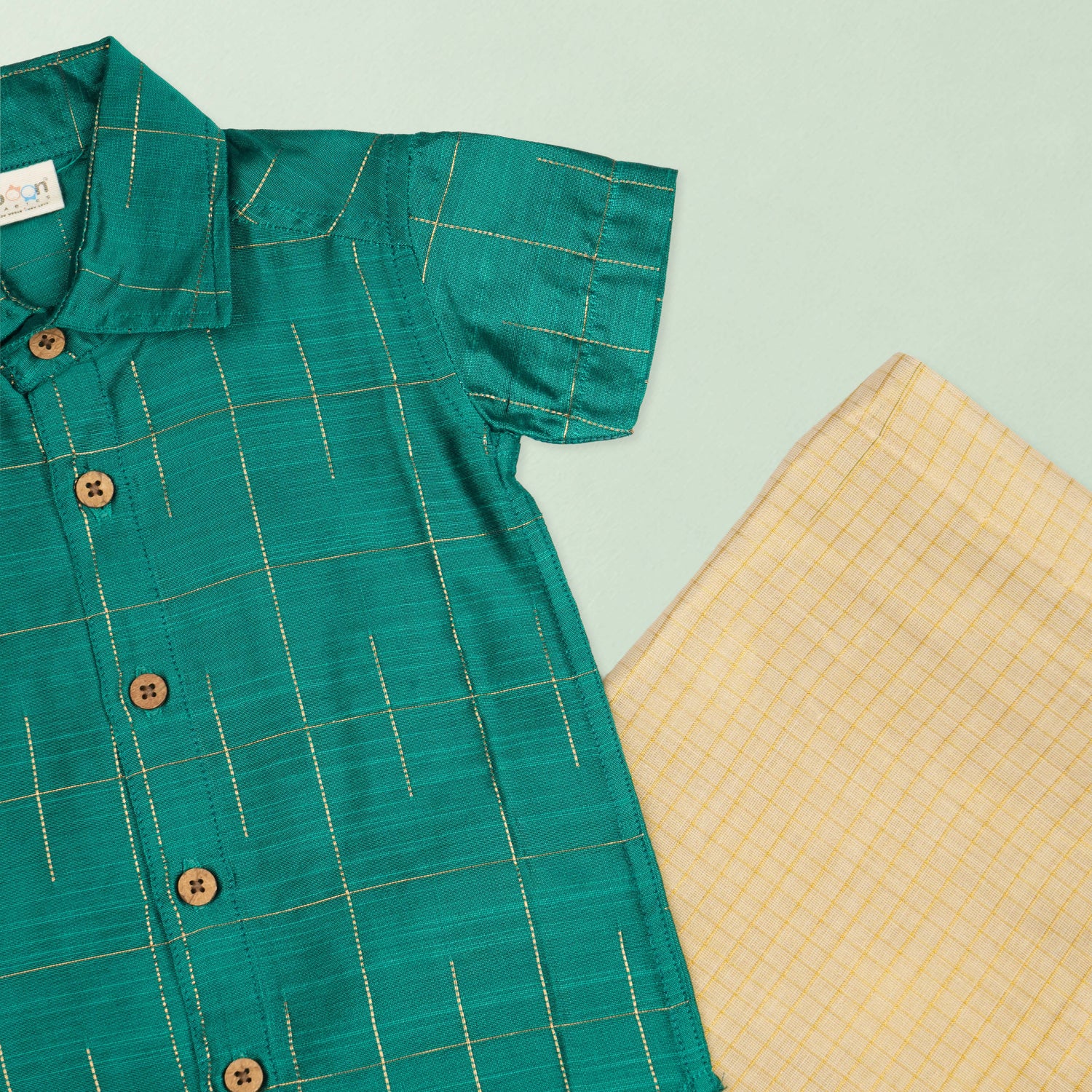 Boys Peacock Green Silk Drop Line Shirt & Dhoti Set