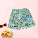 Printed boys co-ord set with aqua truck print, includes Chinese collar shirt and matching shorts by Boon Babies.