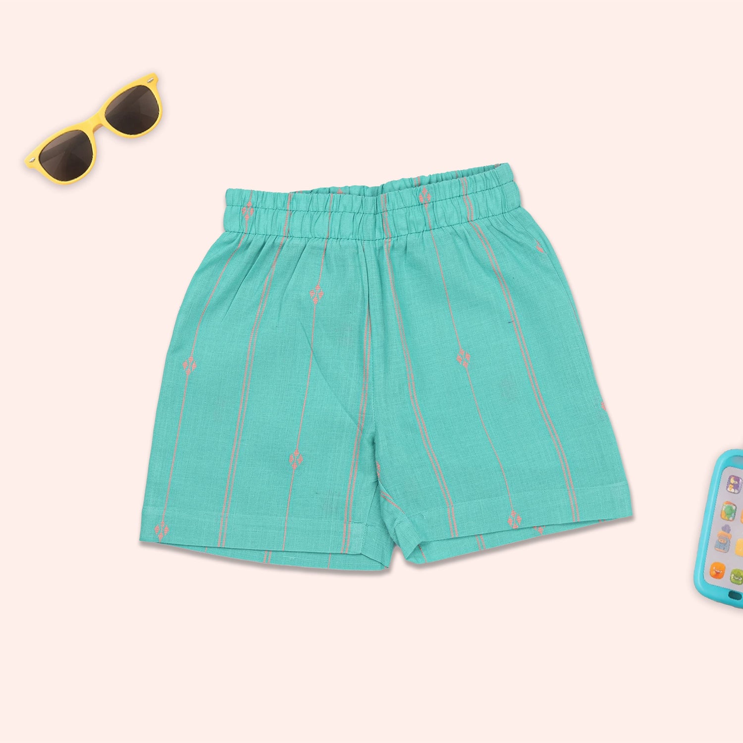 Boys coral handloom cotton printed shirt with straight collar paired with mint shorts co-ord set by Boon Babies.