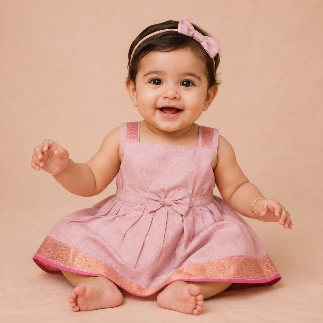Baby Girl Dusty Pink Tissue Silk Mangalagiri Border Frock