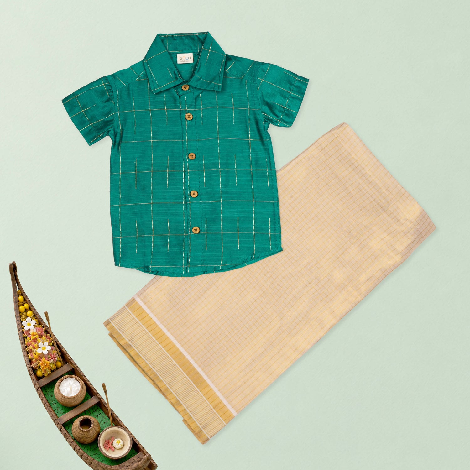 Boys Peacock Green Silk Drop Line Shirt & Dhoti Set