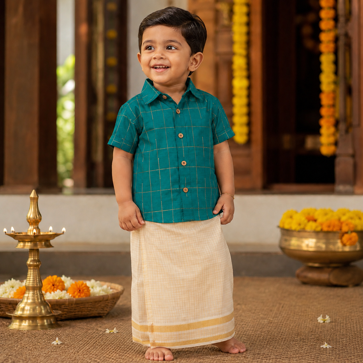 Boys Peacock Green Silk Drop Line Shirt & Dhoti Set