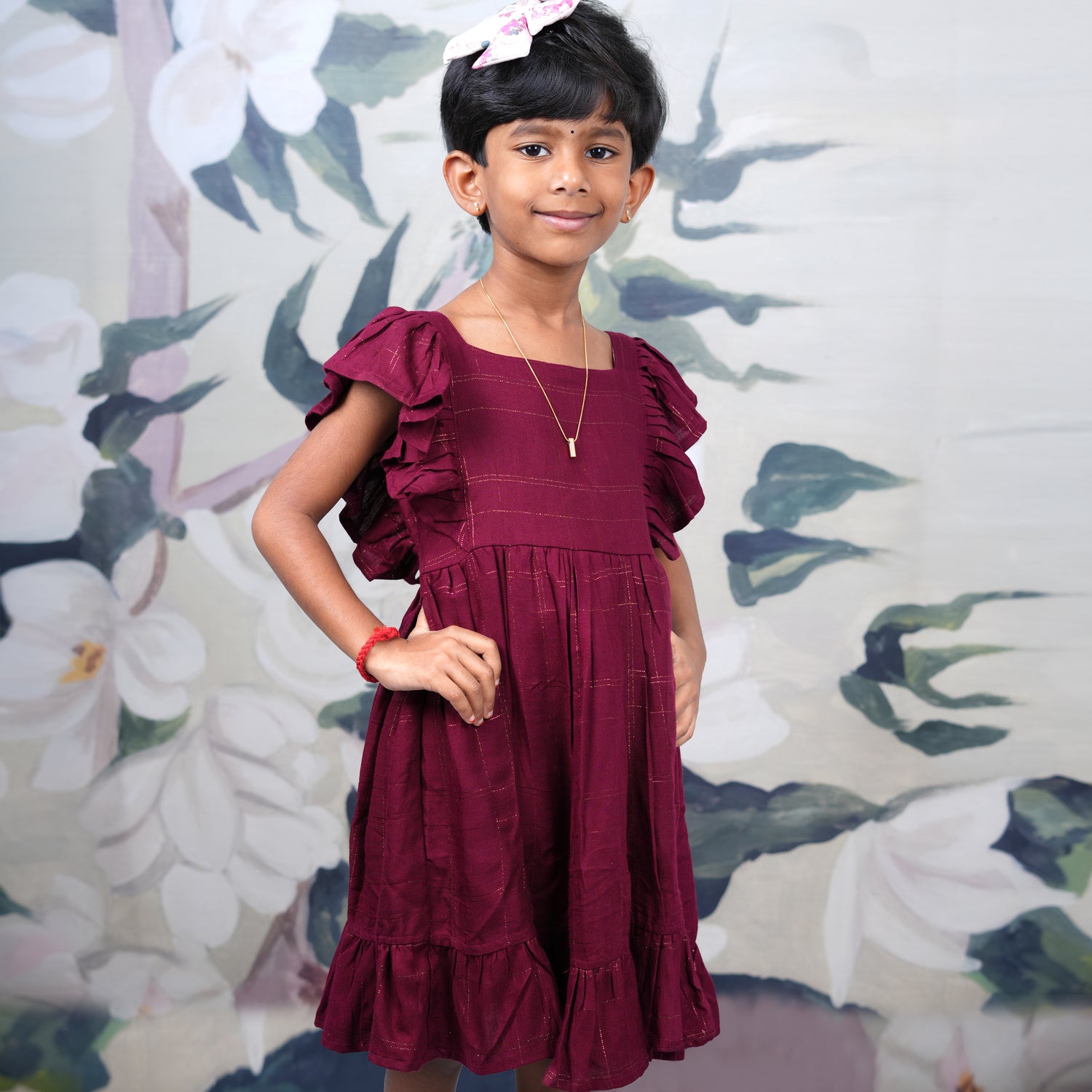 Elegant Burgundy Cotton Frock with Plaid Pattern