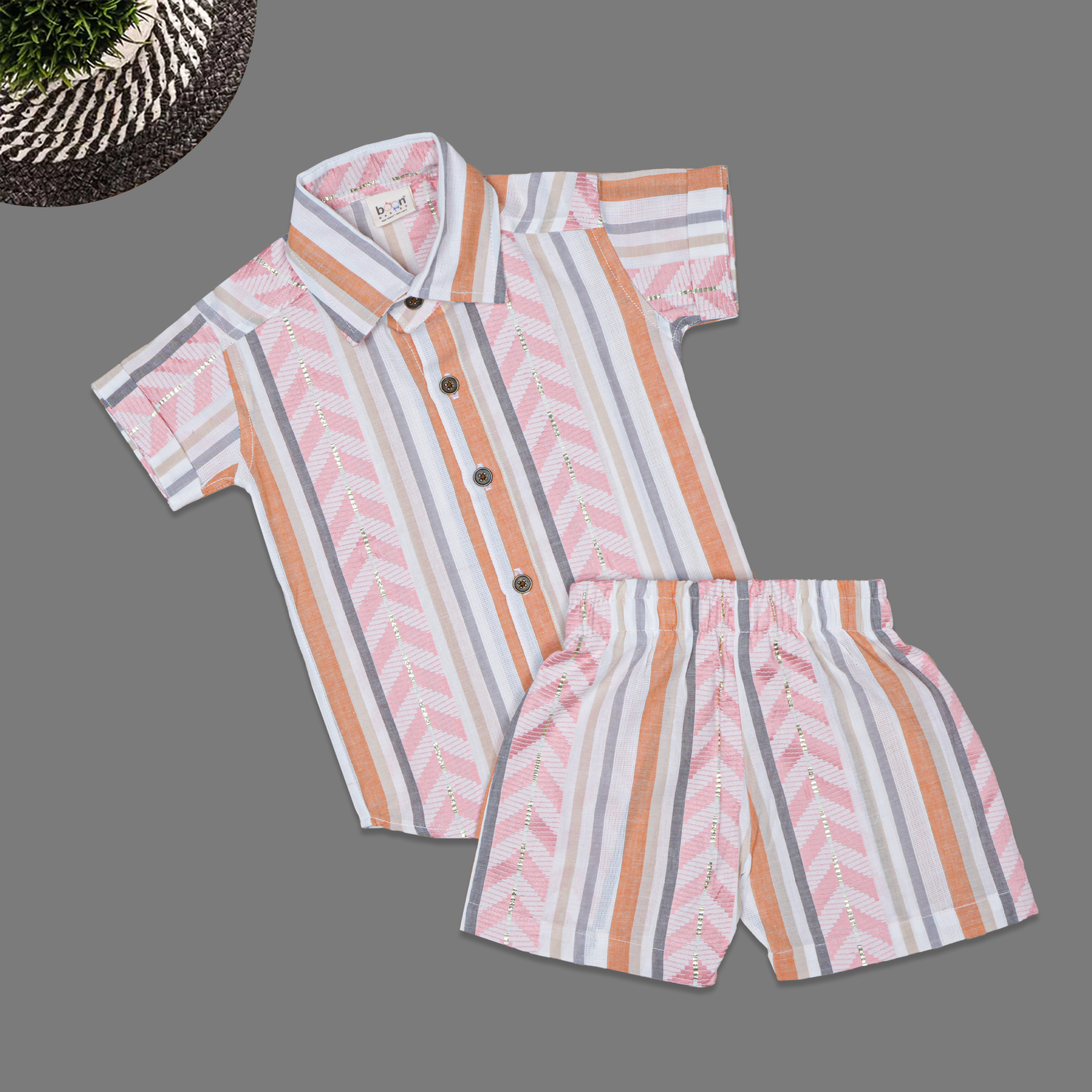 Soft cotton shirt and shorts co-ord set for boys with a straight collar and breathable comfort—perfect for summer casual and outdoor wear.