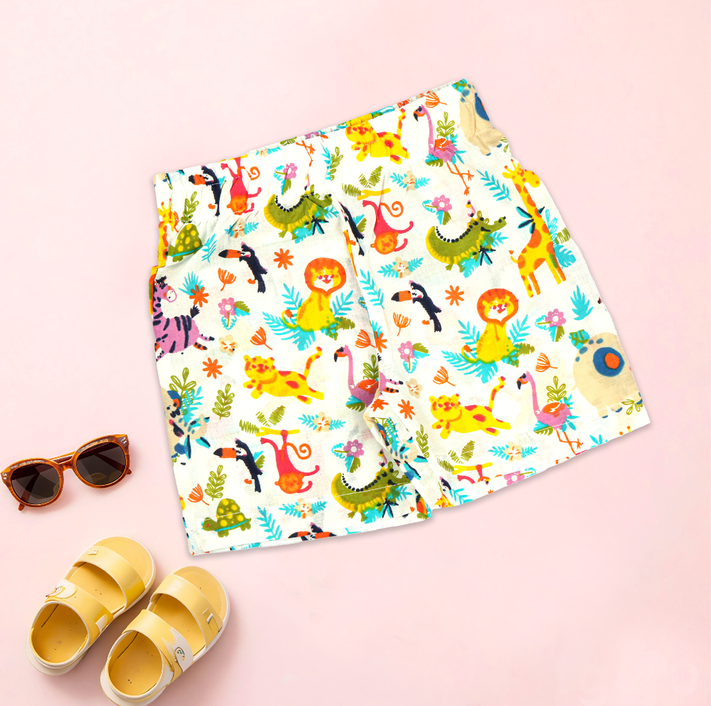 Boon Babies jungle print boys co-ord set with printed shirt and shorts featuring a Chinese collar, suitable for kids.