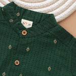 Green silk shirt with Mandarin collar paired with traditional white dhoti. Ages 6M–5Y. Perfect festive & wedding wear from Boon Babies.
