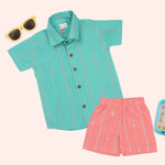 Boys teal and coral printed handloom cotton shirt and shorts set with straight collar, featuring colorful patterns and comfortable fit.