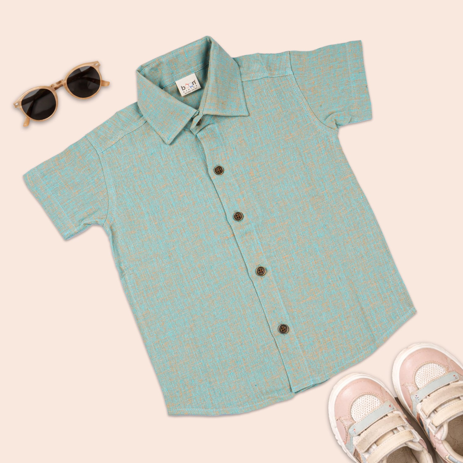 Boys straight collar cotton printed shirt by Boon Babies, featuring colorful pattern and comfortable fit.