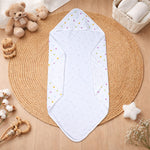 Boonbabies printed hooded muslin baby towel with two layers, soft and absorbent, featuring a colorful print for newborns.