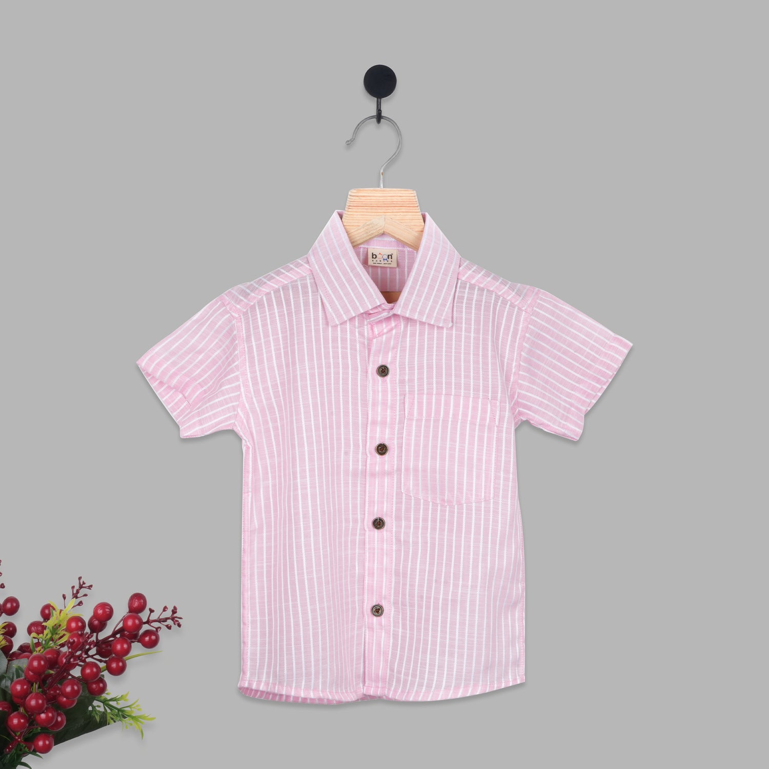 Boys Straight Collar Cotton Shirt – Pink Stripe Casual Style