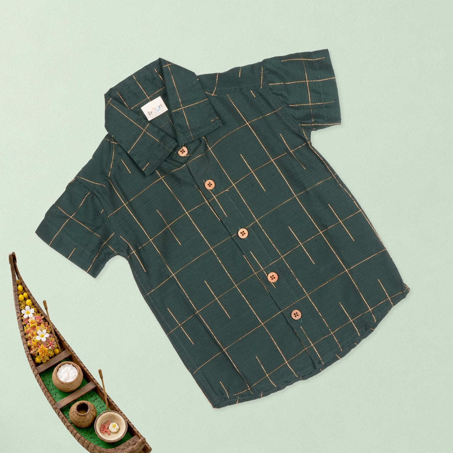 Boys Bottle Green Silk Drop Line Shirt & Dhoti Ethnic Set