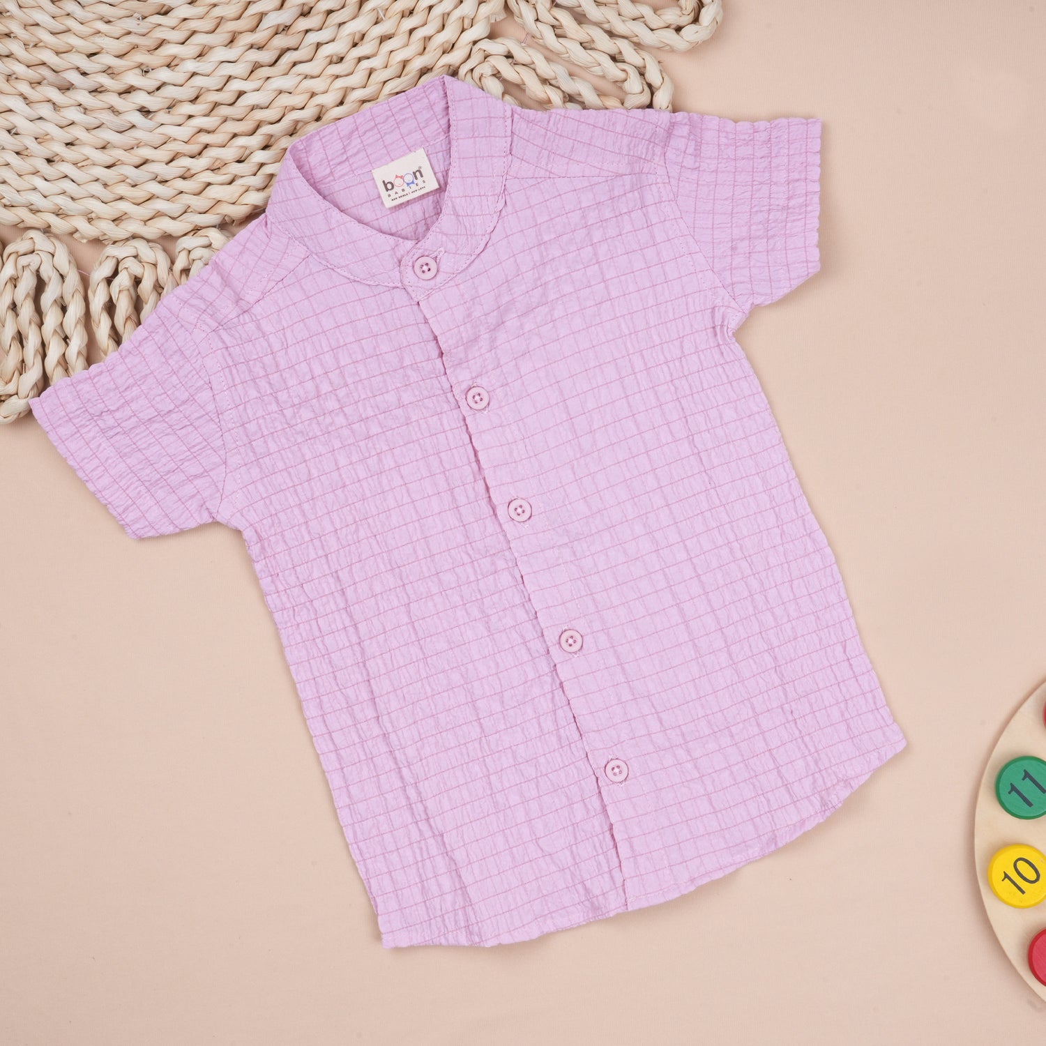 Lightweight solid popcorn shirt for boys by Boon Babies, casual polycotton shirt for kids aged 6 months to 5 years.