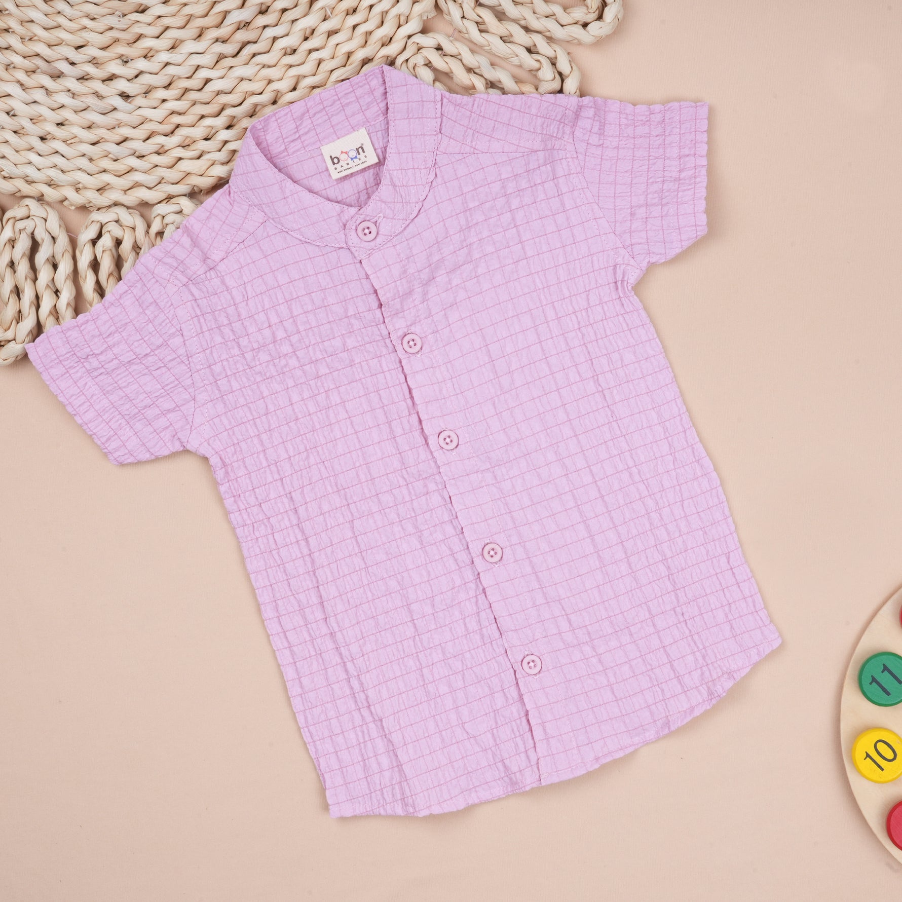 Lightweight solid popcorn shirt for boys by Boon Babies, casual polycotton shirt for kids aged 6 months to 5 years.
