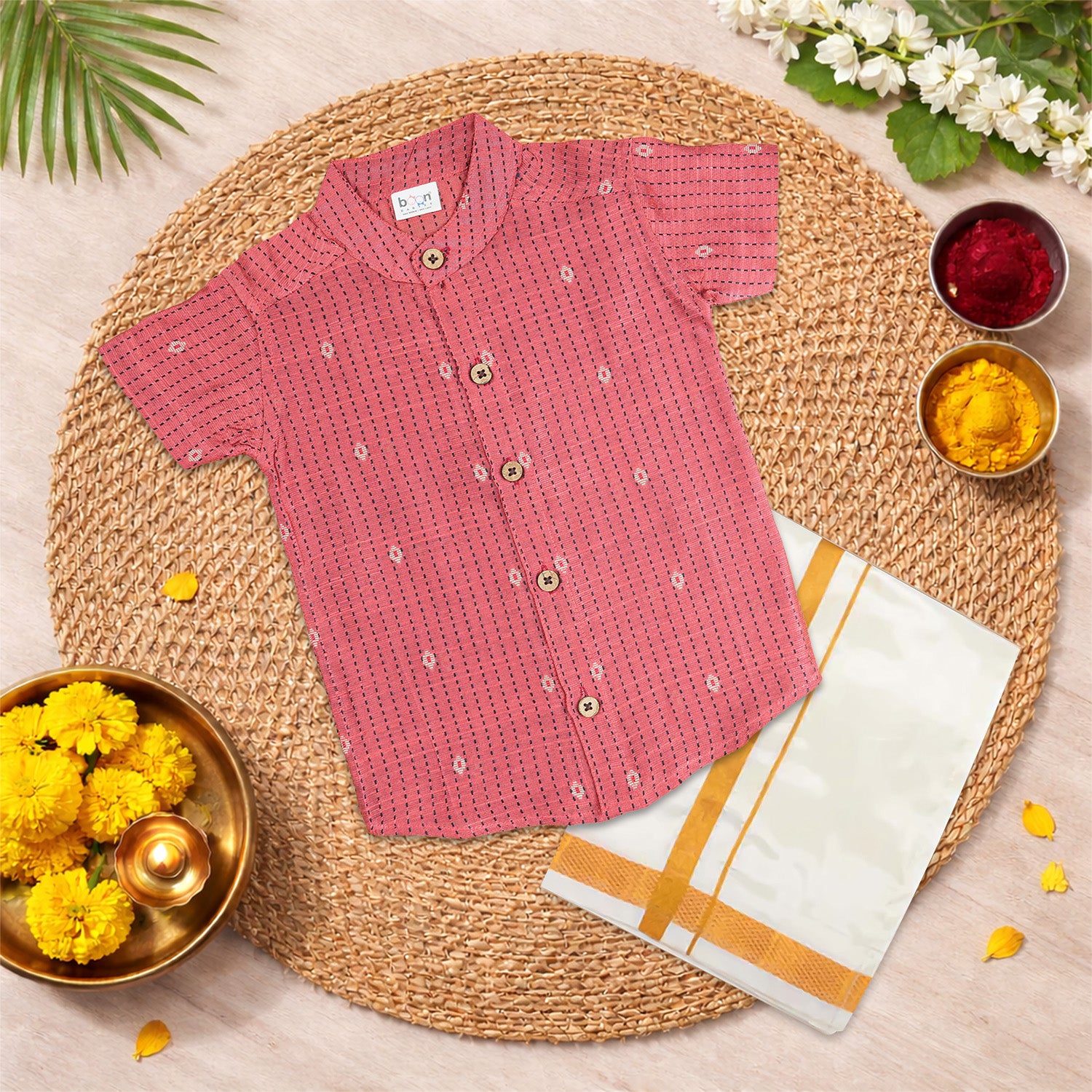 Elegant pink silk cotton shirt paired with classic dhoti—perfect for festive and traditional occasions.