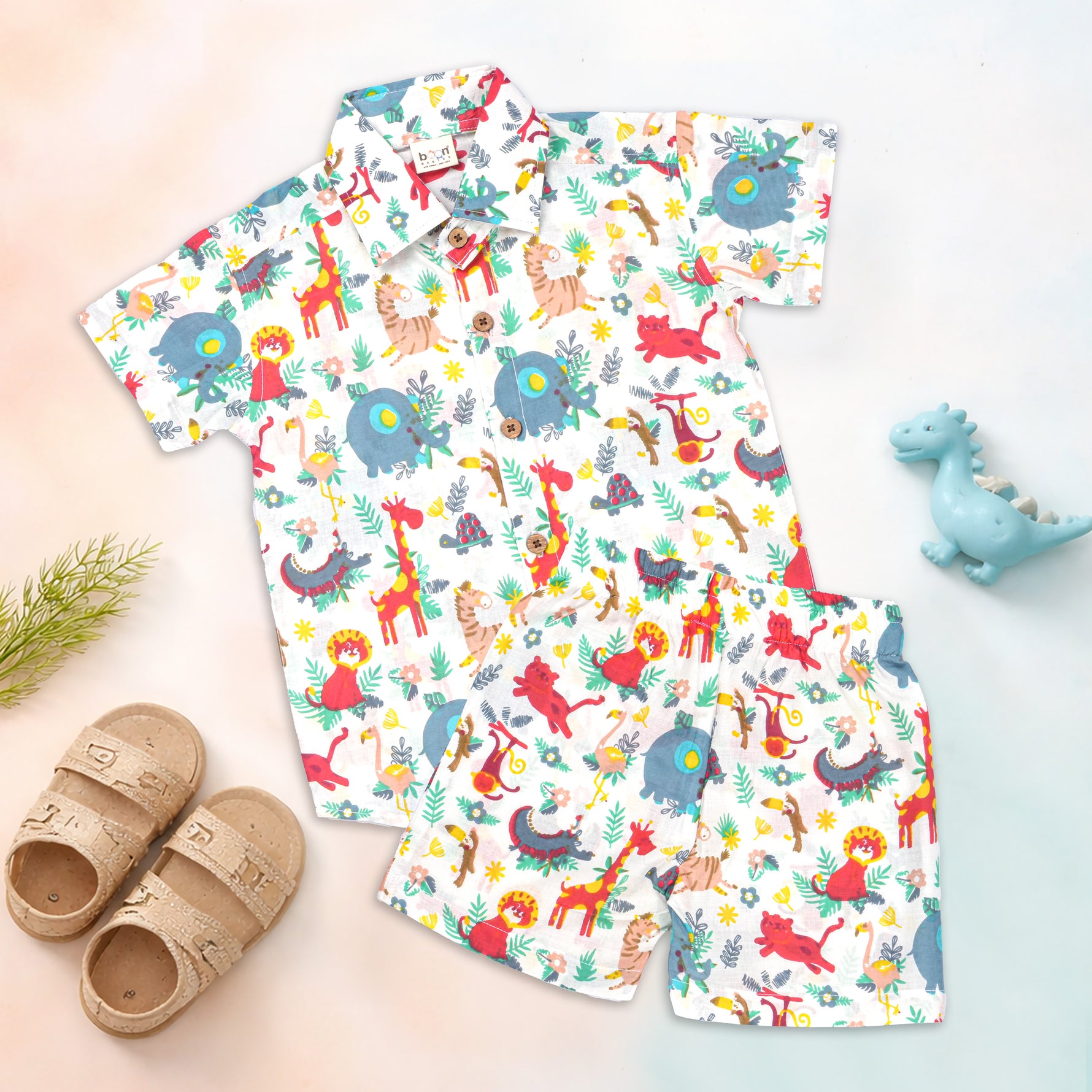 Boon Babies Jaipur cotton jungle animal print shirt and shorts set with straight collar, perfect for summer kids' wear.