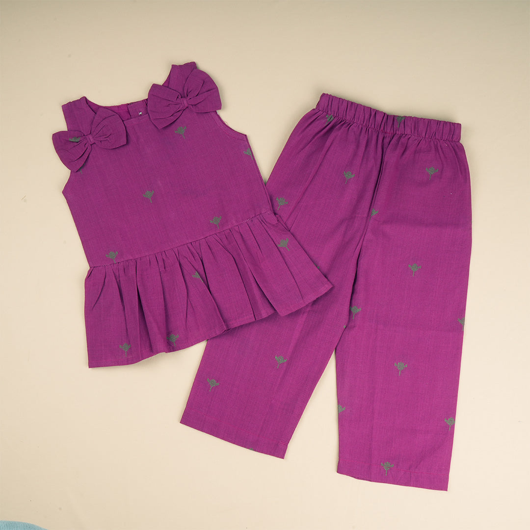 Girls purple sleeveless co-ord set with matching pants by Boon Babies, featuring a stylish sleeveless top and comfortable pants.