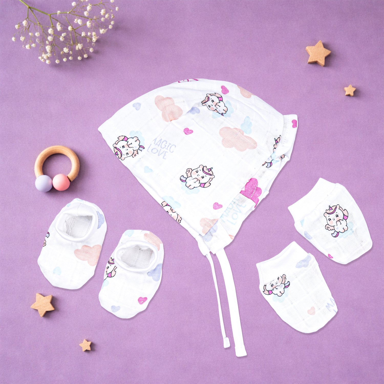 Boonbabies printed muslin baby knot cap, mittens, and booties set for 6-24 months, soft newborn accessories combo.